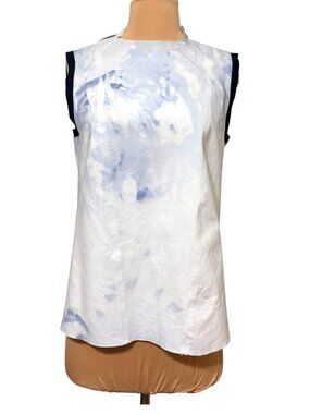 Helmut Lang Tank S White Blue Marble Tie Dye Notched Edgy Moto Top Blouse Zip
